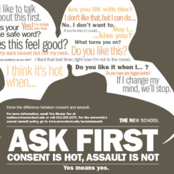 A "Yes means Yes" campaign poster with the silhouette of two people kissing and the words "Ask first, consent is hot, assault is not"